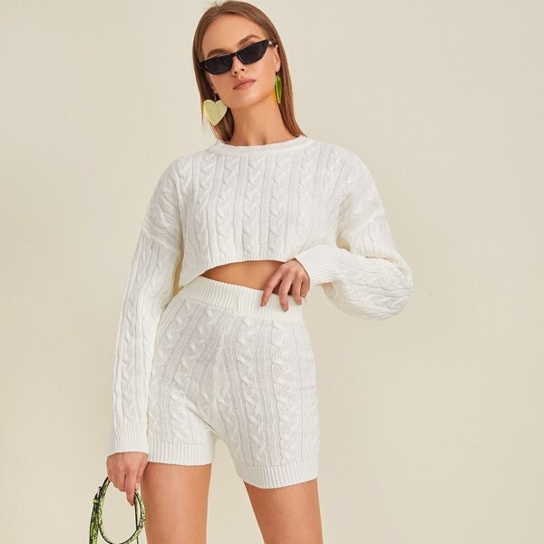 

Drop Shoulder Textured Crop Sweater & Shorts Set, White