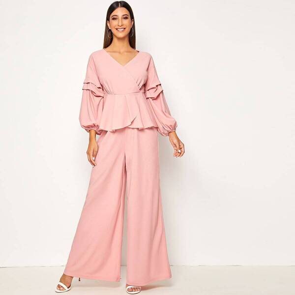 

Lantern Sleeve Wrap Peplum Top & Palazzo Pants Set, Pink pastel