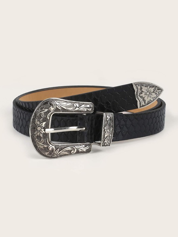 

Croc Pattern Western Buckle Belt, Black