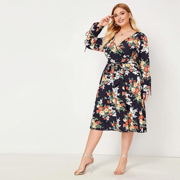 

Plus Floral Surplice Neck Belted Dress