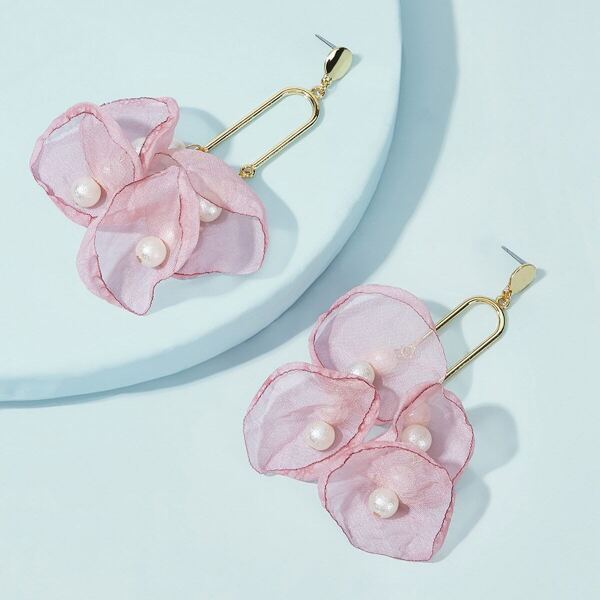 

Faux Pearl Decor Mesh Flower Drop Earrings 1pair