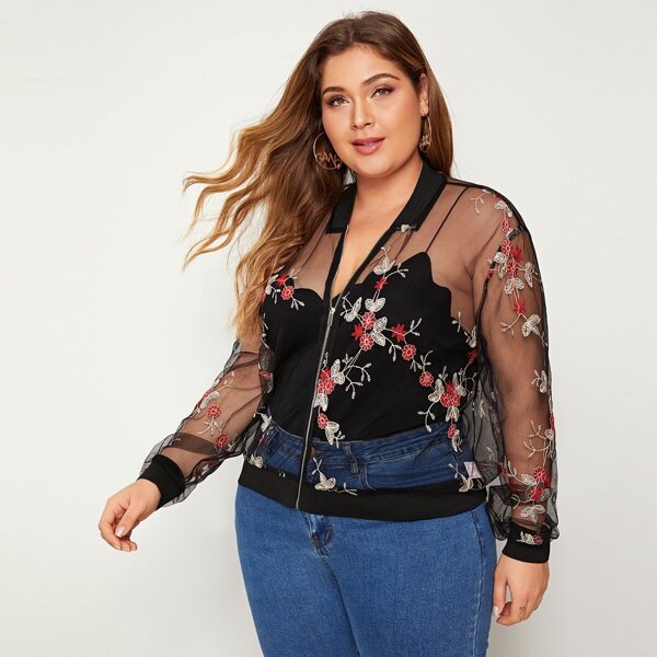 

Plus Embroidered Mesh Bomber Jacket Without Cami