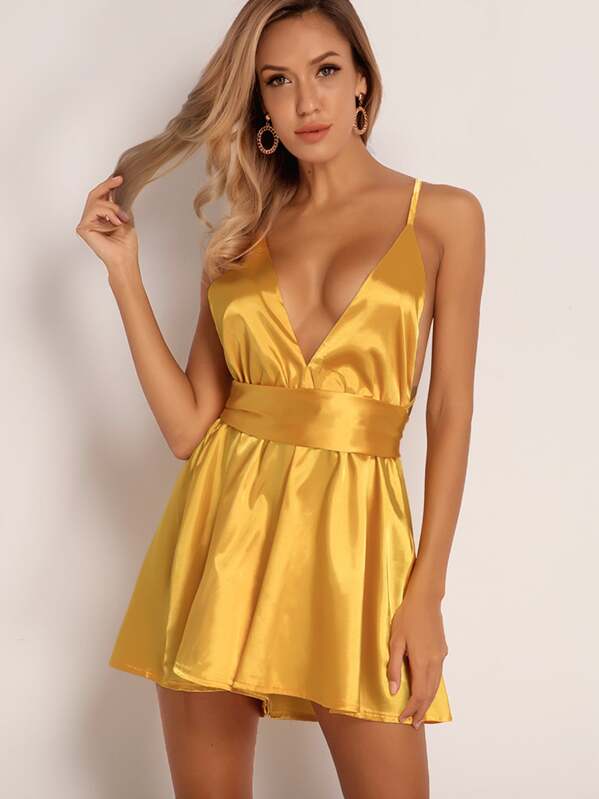 

Joyfunear Criss-cross Backless Satin Romper, Yellow