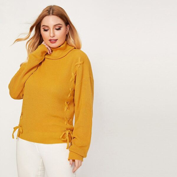 

Plus Lace Up High Neck Sweater, Yellow bright