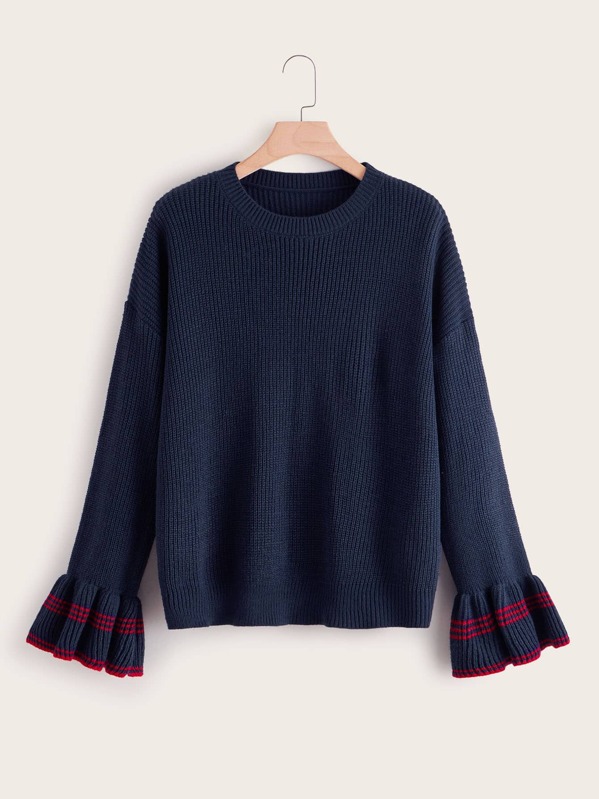 

Plus Flounce Sleeve Drop Shoulder Sweater, Navy
