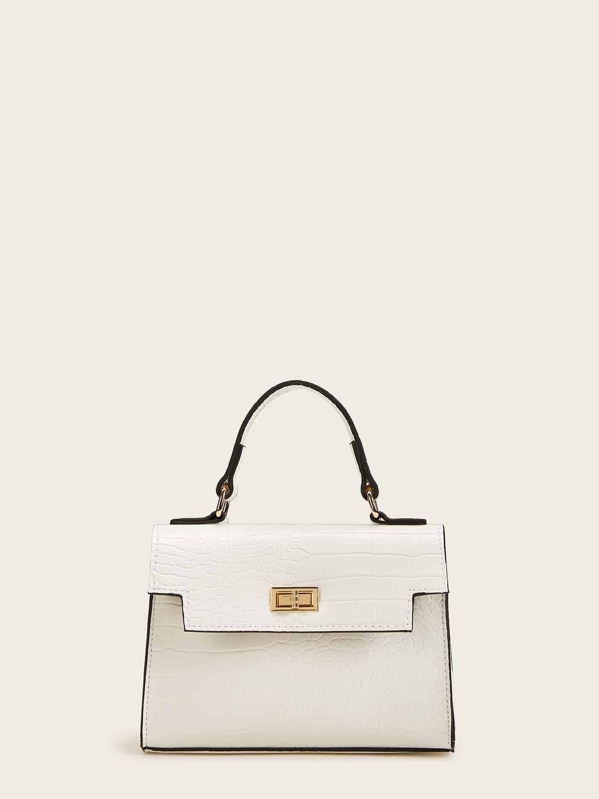 

Twist Lock Croc Embossed Satchel Bag, White