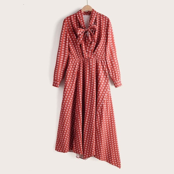 

Polka Dot Print Tie Neck Asymmetrical Hem Dress