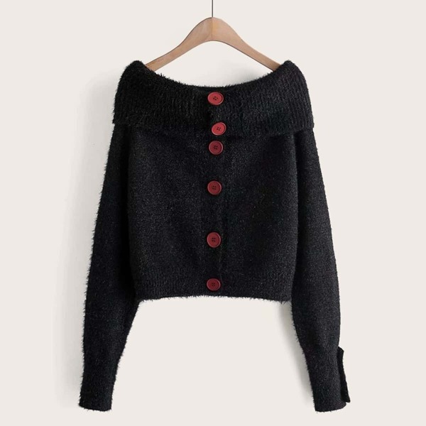 

Foldover Button Front Bardot Sweater, Black