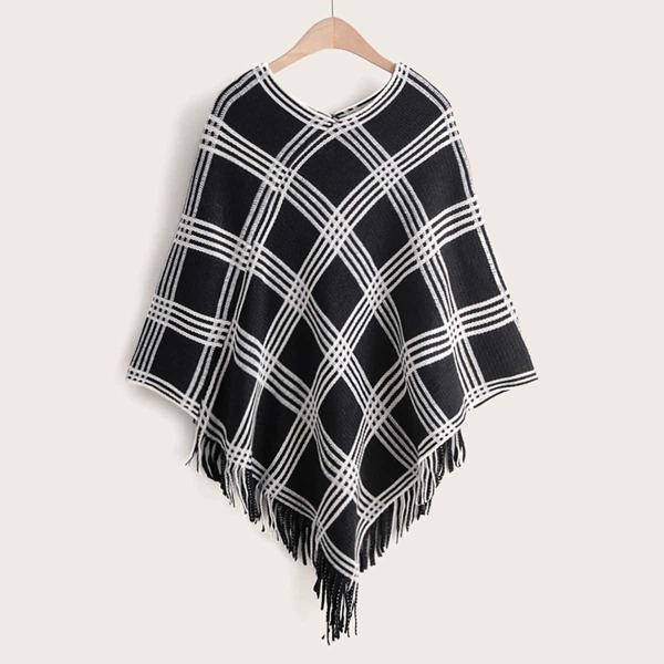 

Argyle Print Fringe Hem Poncho Sweater