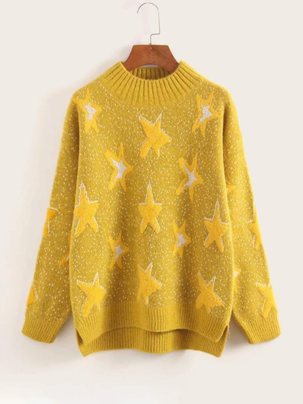 

Star Pattern High Low Hem Sweater, Yellow