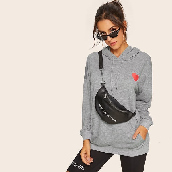 

Heart Print Kangaroo Pocket Drawstring Hooded Sweatshirt, Grey