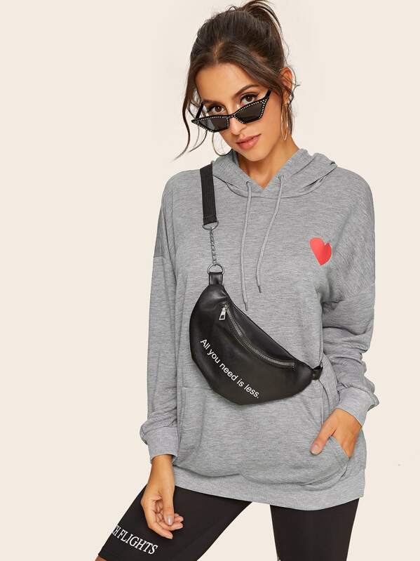 

Heart Print Kangaroo Pocket Drawstring Hooded Sweatshirt, Grey, Mary P.