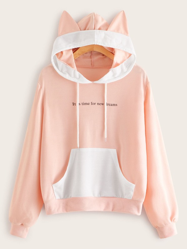 

Letter Graphic Pocket Drawstring Hooded Sweatshirt, Pink