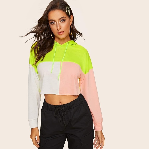

Contrast Panel Drawstring Hooded Sweatshirt, Multicolor