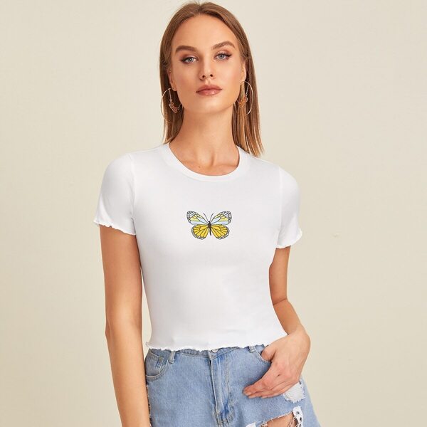 

Butterfly Print Lettuce Trim Tee, White