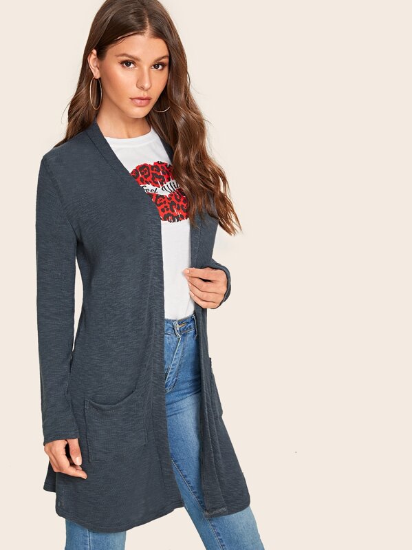 

Pocket Side Solid Longline Cardigan, Grey, Isa