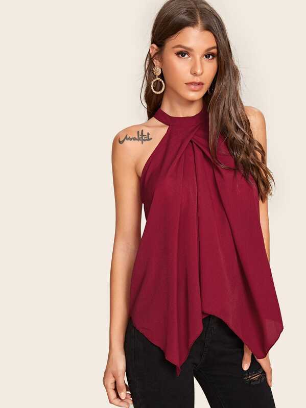 

Keyhole Back Asymmetric Hem Halter Top, Burgundy, Isa