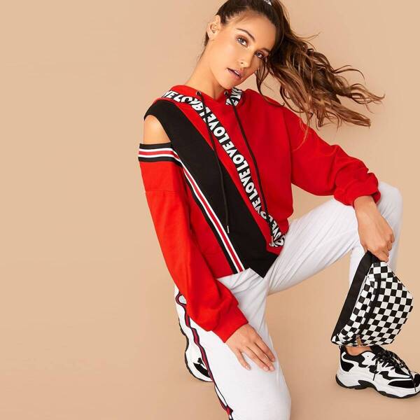 

Cutout Detail Striped and Letter Tape Stepped Hem Hoodie, Red bright