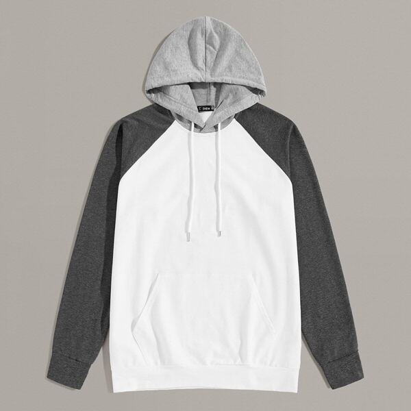 

Men Heathered Knit Panel Pocket Front Hoodie, White