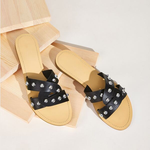 

Studded Decor Cross Strap Flat Sliders