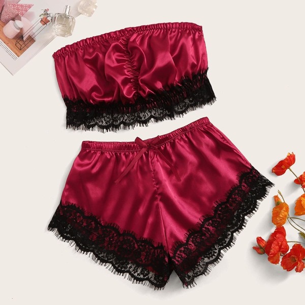 

Eyelash Lace Satin Lingerie Set, Burgundy