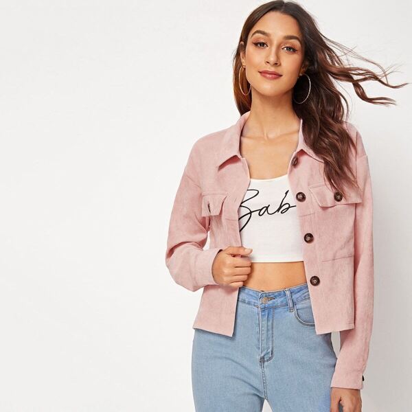 

Button Front Flap Pocket Corduroy Jacket, Pink pastel