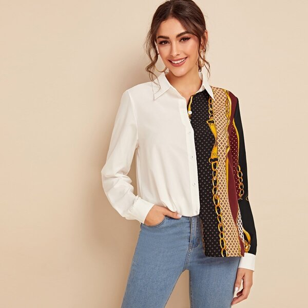 

Contrast Chain Print Single-breasted Blouse, Multicolor