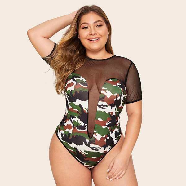 

Plus Camouflage Contrast Mesh Teddy Bodysuit, Multicolor