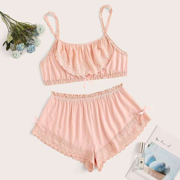 

Plus Floral Lace Trim Lingerie Set, Pink pastel