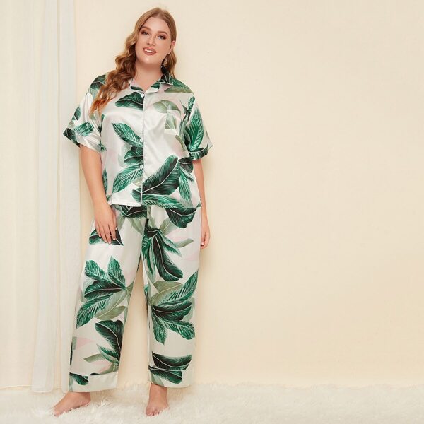 

Plus Palm Print Satin Pajama Set, Multicolor