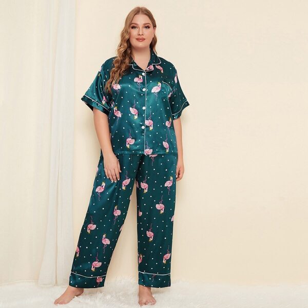 

Plus Flamingo & Dot Print Satin Pajama Set, Green