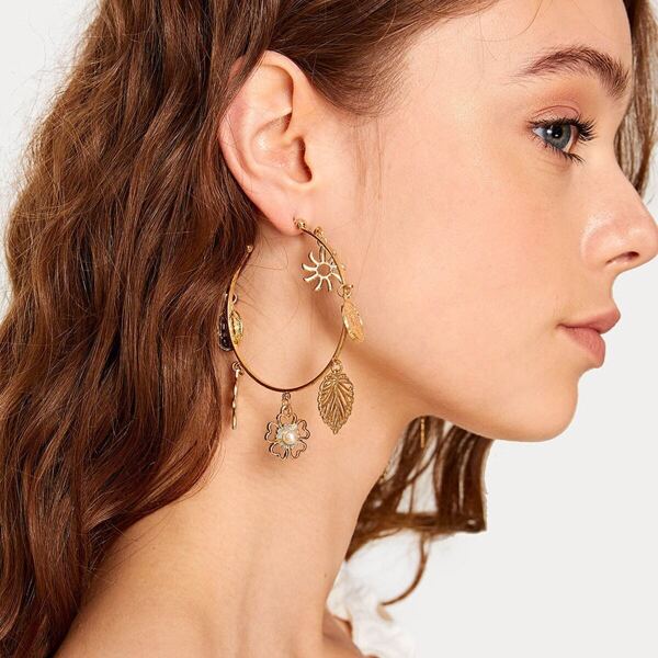 

Disc & Leaf Charm Hoop Earrings 1pair, Gold