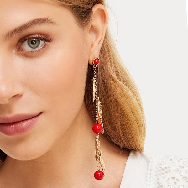 

Leaf & Bead Chain Drop Earrings 1pair