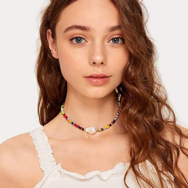 

Colorful Beaded Faux Pearl Charm Necklace 1pc