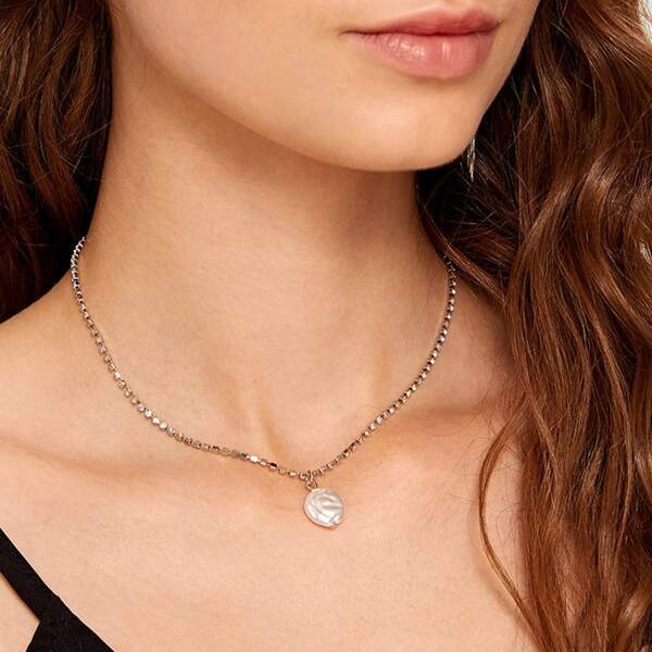 

Faux Pearl Charm Rhinestone Engraved Necklace 1pc, Silver