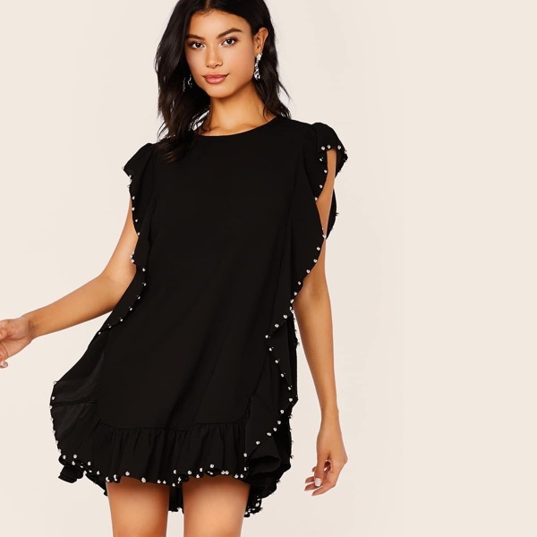 

Keyhole Back Beaded Ruffle Trim Dress, Black