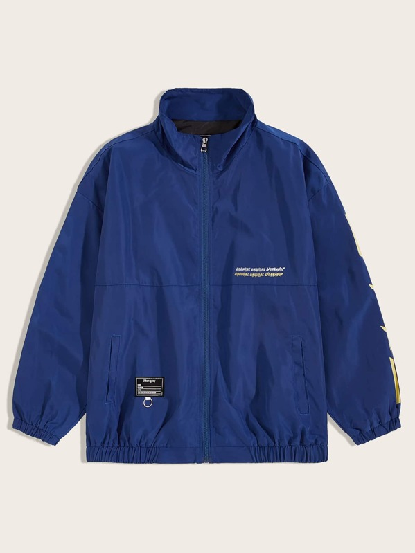

Men Letter Print Patched Windbreaker Jacket, Blue