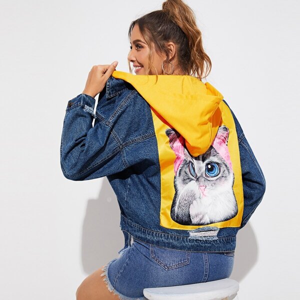 

Cat Print Ripped Denim Jacket