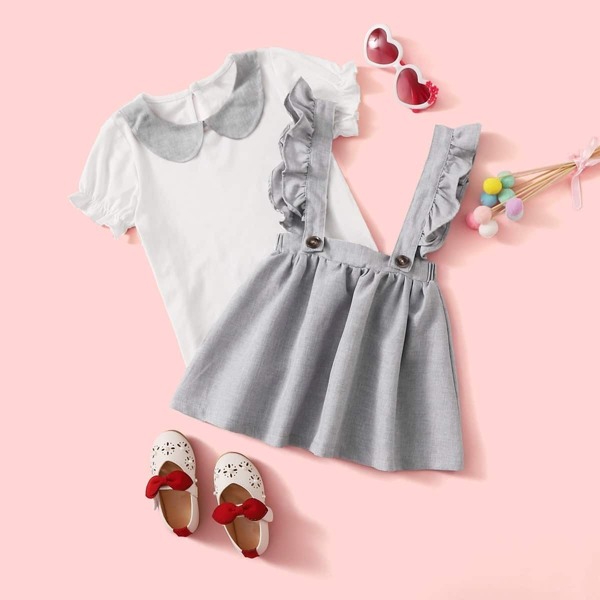 

Toddler Girls Contrast Peter-pan-collar Top and Ruffle Strap Skirt Set, Multicolor