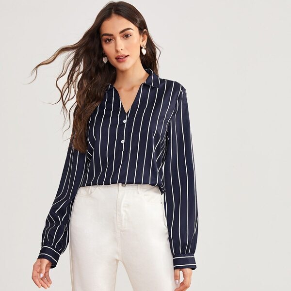 

Striped Button Front Blouse, Navy