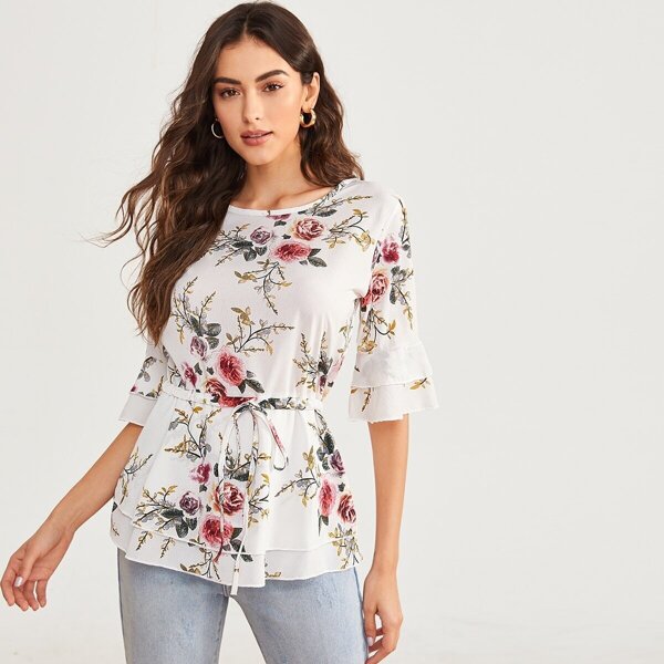 

Floral Print Two Layer Drawstring Waist Top