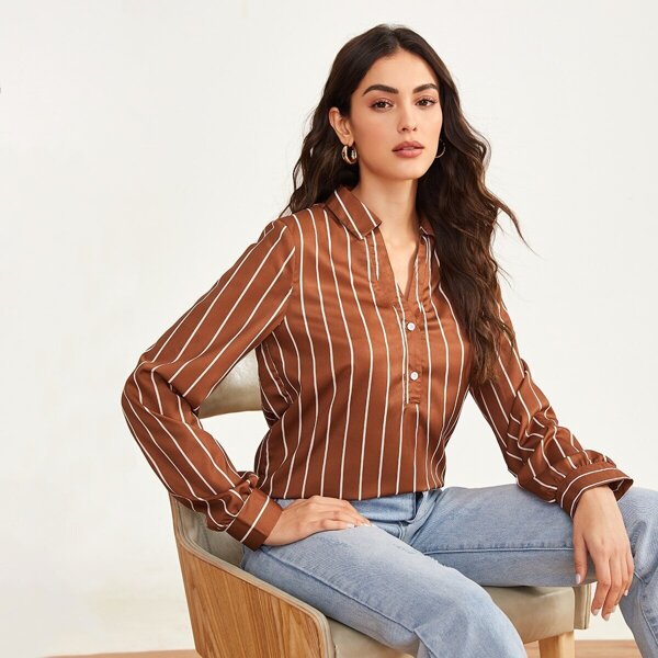 

Striped Print Button Half Placket Shirt, Brown