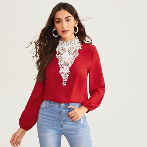 

Mock-neck Guipure Lace Insert Blouse