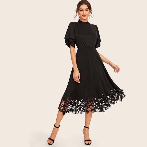 

Tie Back Laser Cut Flutter Sleeve Dress, Black