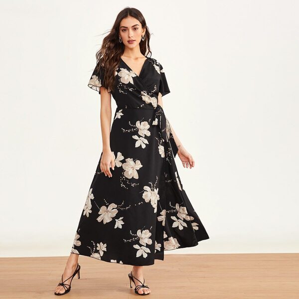 

Floral Print Wrap Knotted Dress