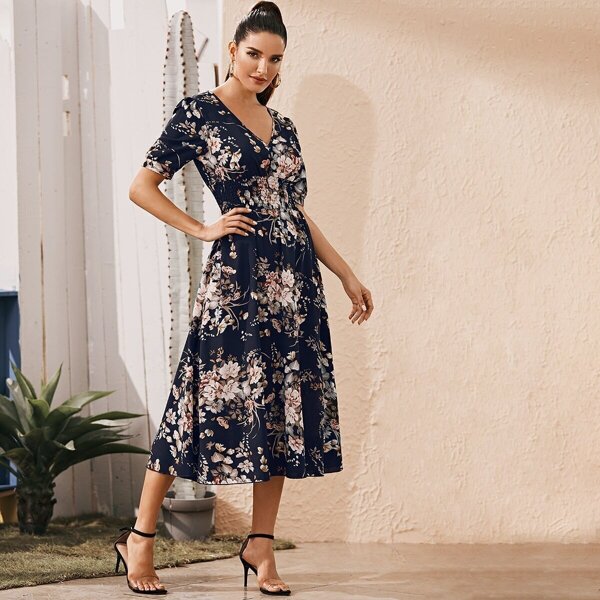

Floral Print Shirred Waist Dress, Navy
