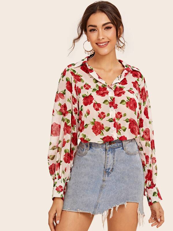 

Allover Rose Print Puff Sleeve Blouse, Multicolor, Carol A