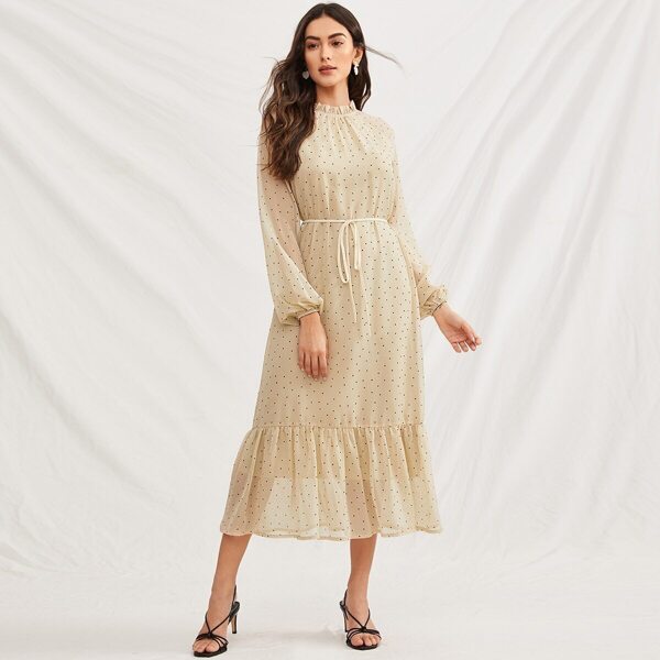 

Polka-dot Print Flippy Hem Belted Dress, Beige pastel