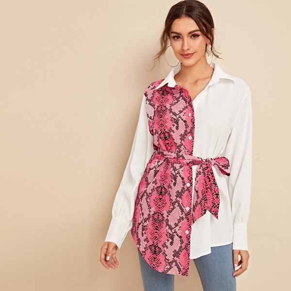 Contrast Snakeskin Print Belted Blouse, White