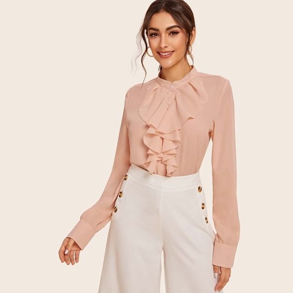 

Solid Jabot Collar Chiffon Blouse